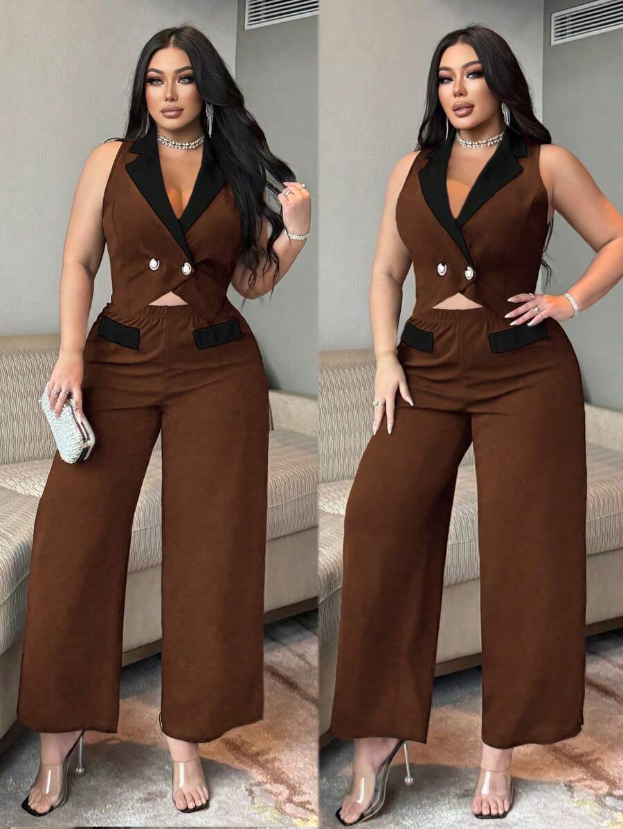 SHEIN Unity 2 Stücke/Set Damen Große Größen eleganter schwarzer & weißer Kontrast Hosenanzug aus Weste und Hose, Knopf-Dekor zusammenpassendes Outfit - Verschiedenfarbig - Übersicht 1