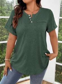 EMERY ROSE Große Größen einfarbiges T-Shirt mit halber Knopfleiste und Manschetten-Ärmeln, Henley Shirt, rosa T-Shirt, rosa T-Shirt, rosa Oberteil für Frauen