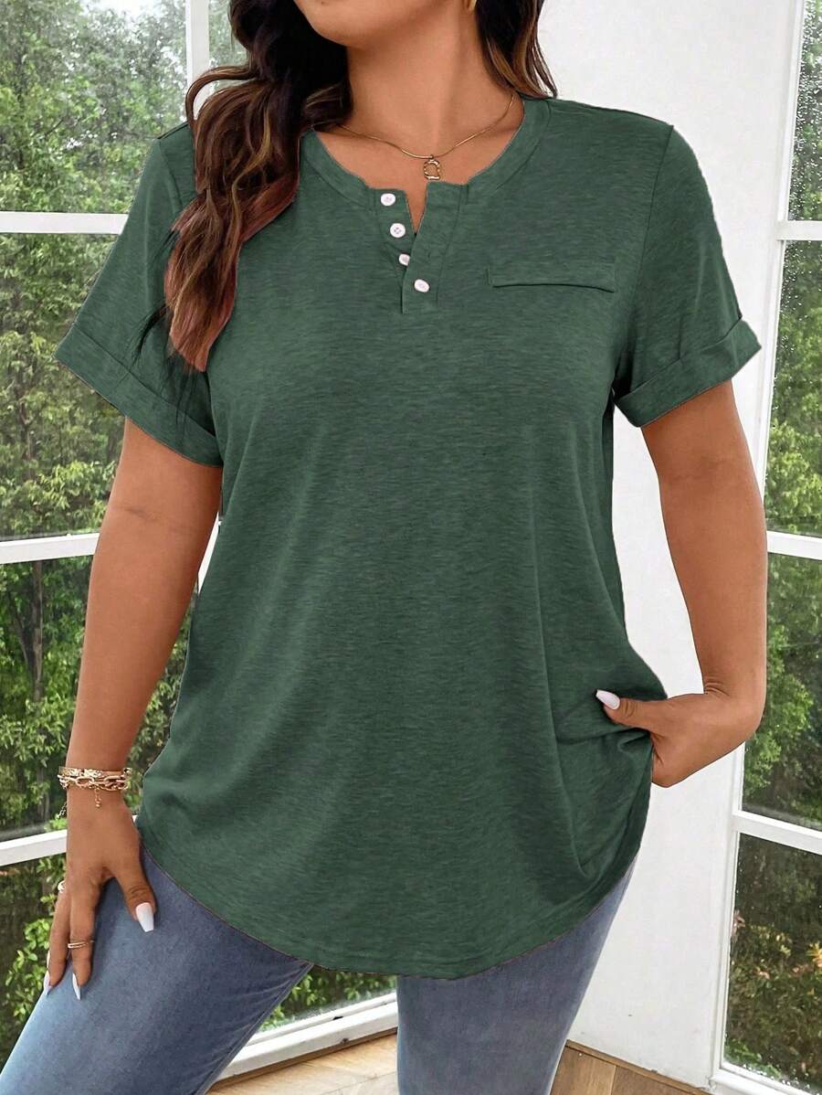 EMERY ROSE Große Größen einfarbiges T-Shirt mit halber Knopfleiste und Manschetten-Ärmeln, Henley Shirt, rosa T-Shirt, rosa T-Shirt, rosa Oberteil für Frauen