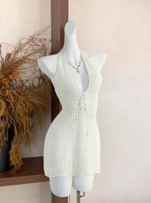 SHEIN Unity 夏季新款 V 领性感镂空露背沙滩度假休闲高腰修身针织连衣裙