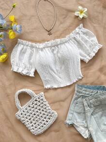 Soleia Bohemian  ,Boho, Romantic Floral ,Vacation, Floral  4th Of July Clothes  Tops De Mujer Vacation Tops Beaded Top Peplum Top  Party Tops  Cami Top Camisole Top  4th Of July Women  Crop Sexy Tops For Women Versatile Off Shoulder Ruffle Elastic Pleated Cropped Tank Top, Short Sleeve, White, Puffy Sleeve, Brunch, Boho Style, Easter, Summer, Music Festival, Airport, Vacation, Casual, All White, Beach, Western Style,Party