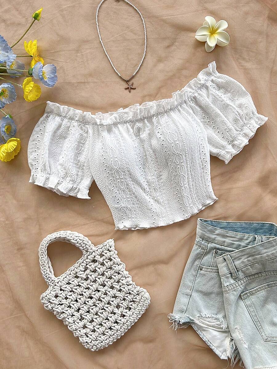 Soleia Bohemian  ,Boho, Romantic Floral ,Vacation, Floral  4th Of July Clothes  Tops De Mujer Vacation Tops Beaded Top Peplum Top  Party Tops  Cami Top Camisole Top  4th Of July Women  Crop Sexy Tops For Women Versatile Off Shoulder Ruffle Elastic Pleated Cropped Tank Top, Short Sleeve, White, Puffy Sleeve, Brunch, Boho Style, Easter, Summer, Music Festival, Airport, Vacation, Casual, All White, Beach, Western Style,Party