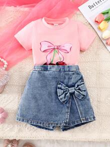 Baby Mädchen 2-teiliges Set, modischer, einfacher und süßer Stil mit rosa Schleife & Jeans-Optik, vielseitiges Sommer-Outfit