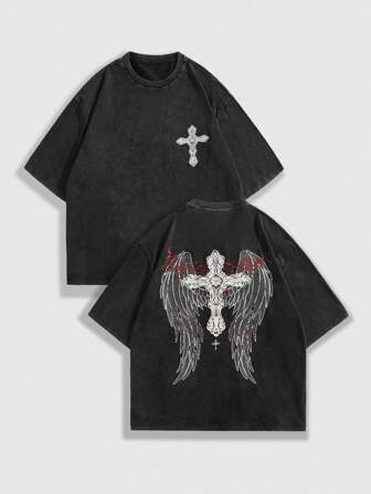 Goth T-shirt casual à col rond à manches courtes avec impression de croix et d'ailes pour hommes