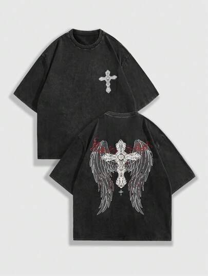 Goth Camiseta casual de manga corta de cuello redondo con estampado de cruz y alas para hombres