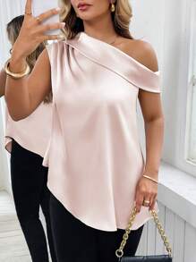 SHEIN Unity Plus Size Women's Elegant Satin Oblique Shoulder Ruffle Blouse, Perfect For Work And Commuting, Spring/Summer - Pink - View 4
