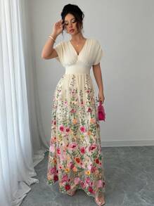 Lyxana Women's V-Neck Batwing Short Sleeve Mesh Embroidered Dress - Apricot - View 7