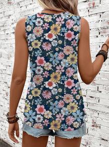SHEIN LUNE Casual Minimalist Women Floral Print Round Neck Camisole, Suitable For Spring/Summer