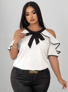 Elenzga Elegante Kurzarmbluse mit Kontrastbesatz für Damen, Cut Out - Weiss - Übersicht 2