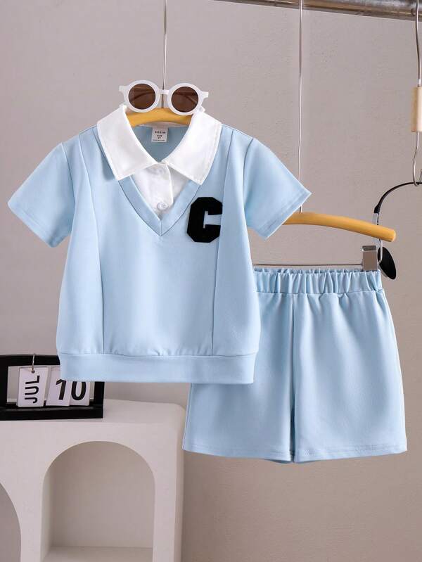 Genkimix Kids Young Boy (Small) Mint Green Stand Collar Button White Letter V-Neck Embroidered Casual Comfortable Short Sleeve Top & Shorts 2 Pieces Set