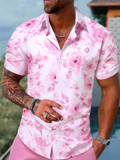Manfinity RSRT Men's Hawaiian Floral Print Single Breasted Casual Short Sleeve Shirt (Uneven Printing) Nice Shirts For Men Shirts For Guys High Quality Shirt For Men Fashion Shirts Men's Summer Shirts Shirts For Men Shirts