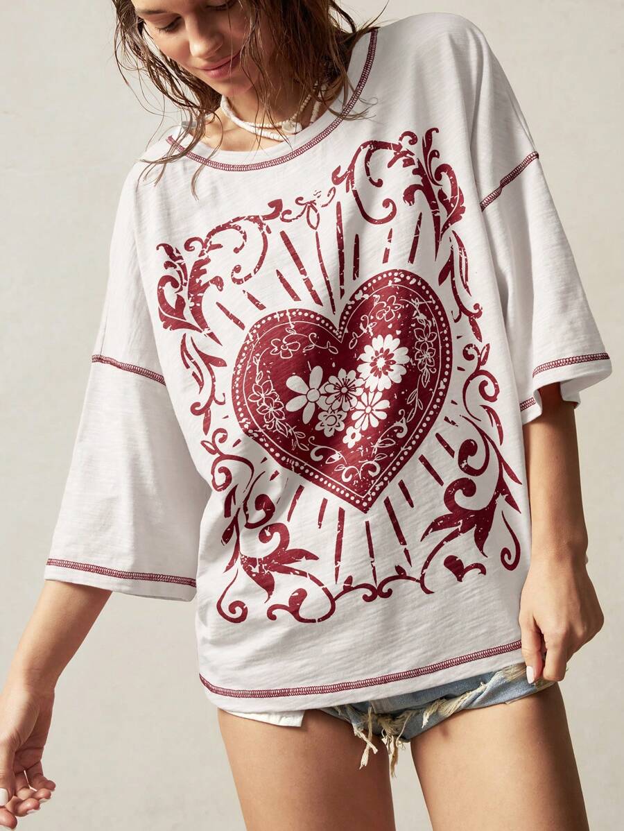 Bohemela 大码女式夏季心形和花卉印花落肩休闲 T 恤，复古超大图案 T 恤女式超大 T 恤心形衬衫超大 T 恤女式