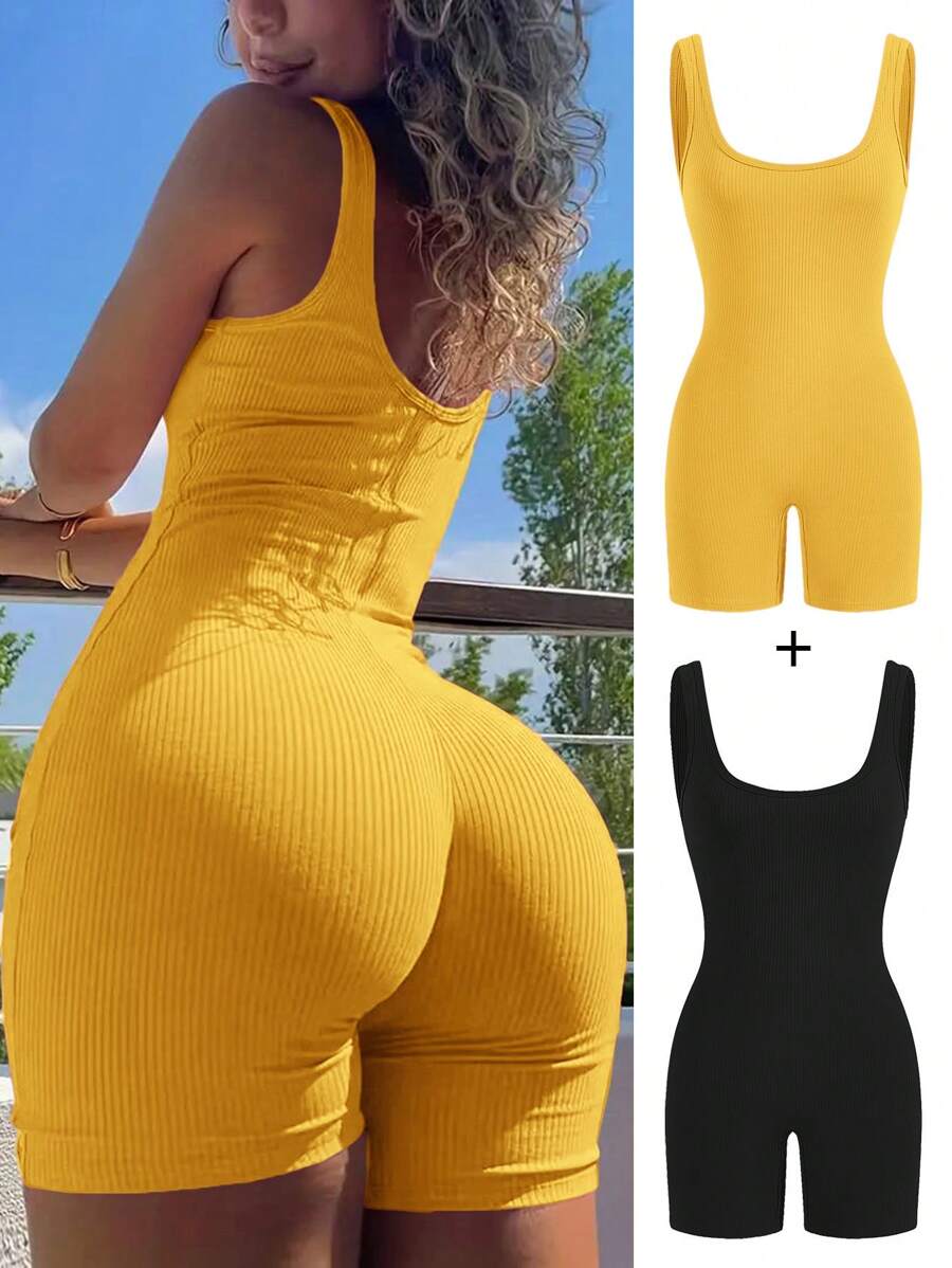 SHEIN SXY 2 Packs Women's Summer Casual Solid Color Sleeveless Jumpsuit - Yellow - View 1