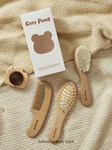 Cozy Pixies 3 Peças Conjunto de Cuidados com o Bebê com Escova de Lã de Madeira
