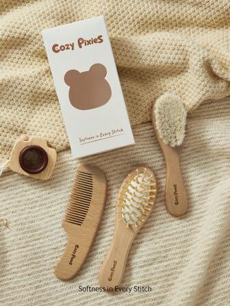 Cozy Pixies 3-delige babyverzorgingsset met houten wollen borstel