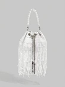 SHECARRY 女士优雅经典百搭白色亮片珠子长流苏珍珠手柄手提包 - 白色 - 查看 3