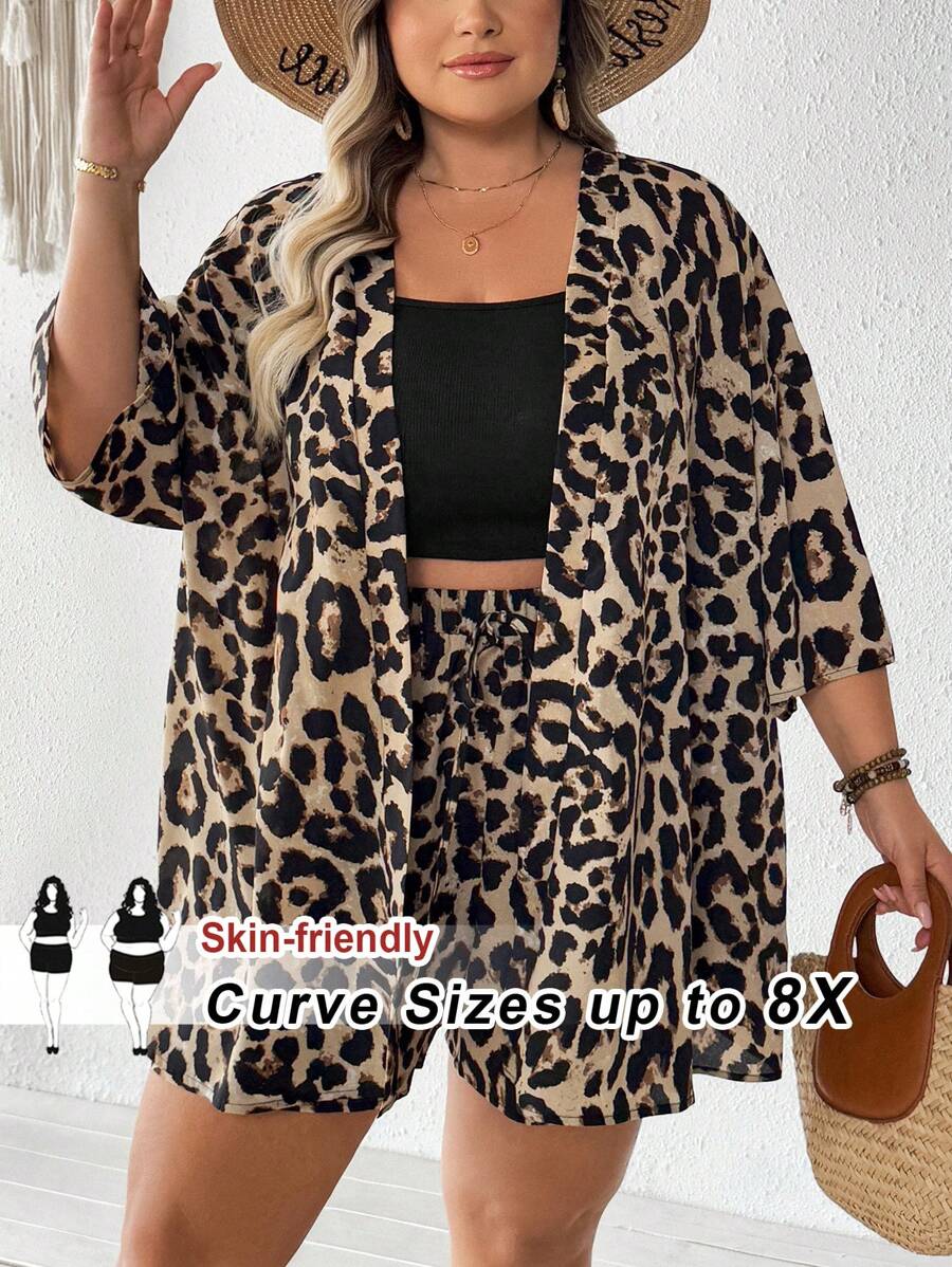 SHEIN CURVE+ Bộ 2 món cỡ lớn: Áo sơ mi dài tay họa tiết da báo và quần short, tối giản và thời trang, phù hợp cho mùa hè, đường cong cỡ lớn, trang phục đi biển theo phong cách Boho dành cho nữ/bãi biển/trang phục đi nghỉ ở bãi biển/đồ dùng cần thiết cho bãi biển/váy tốt nghiệp/váy tiệc trà - Nhiều màu - Xem 1