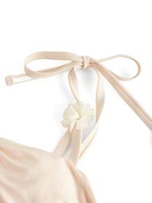 Swim Mod Plus Size Women 3pcs Set Solid Color Sweet Cute Apricot Strappy Flower Decor Bikini Crop Top, Drawstring Tie-Up Mini Skirt, Beach Holiday Swimwear, For Summer Vacation