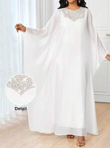 SHEIN Lady Women's White Pearl Embellished Woven Maxi Dress: Elegant Round Neck, Long Sleeve, And Flared Hem Modest Style