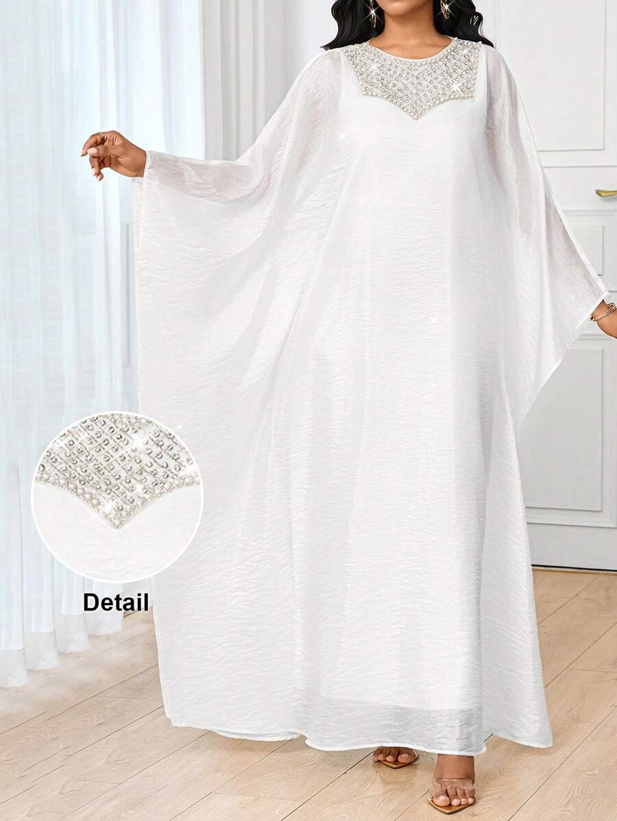 SHEIN Lady Women's White Pearl Embellished Woven Maxi Dress: Elegant Round Neck, Long Sleeve, And Flared Hem Modest Style