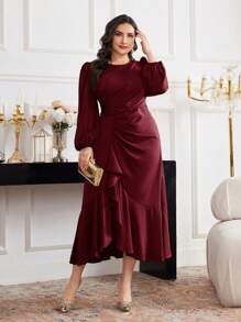 Modelyn Plus Size Women Solid Color Crew Neck Lantern Sleeve Pleated Ruffle Hem Elegant Midi Dress - Burgundy - View 1
