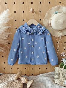 年轻女孩春夏假日休闲可爱俏皮雏菊全刺绣荷叶边领衬衫，带松紧下摆