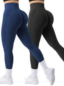SHEIN Sport Studio Leggings a vita alta senza cuciture e attillati per donne - controllo della pancia, morbidi, elastici, traspiranti e con buona mobilità a 4 vie, per migliorare il seno e ideali per trekking, allenamento, corsa, ciclismo, yoga, pickleball ed altre attività casual