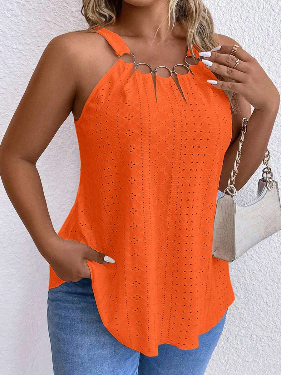 EMERY ROSE Áo ba lỗ thêu họa tiết vòng rỗng màu trơn cỡ lớn mùa hè - trái cam - Xem 1