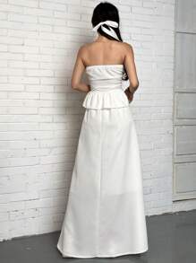 SHEIN EZwear Women's Summer Fashion Solid Color Ruched Tube Top & Extra Long Skirt 2pcs Set