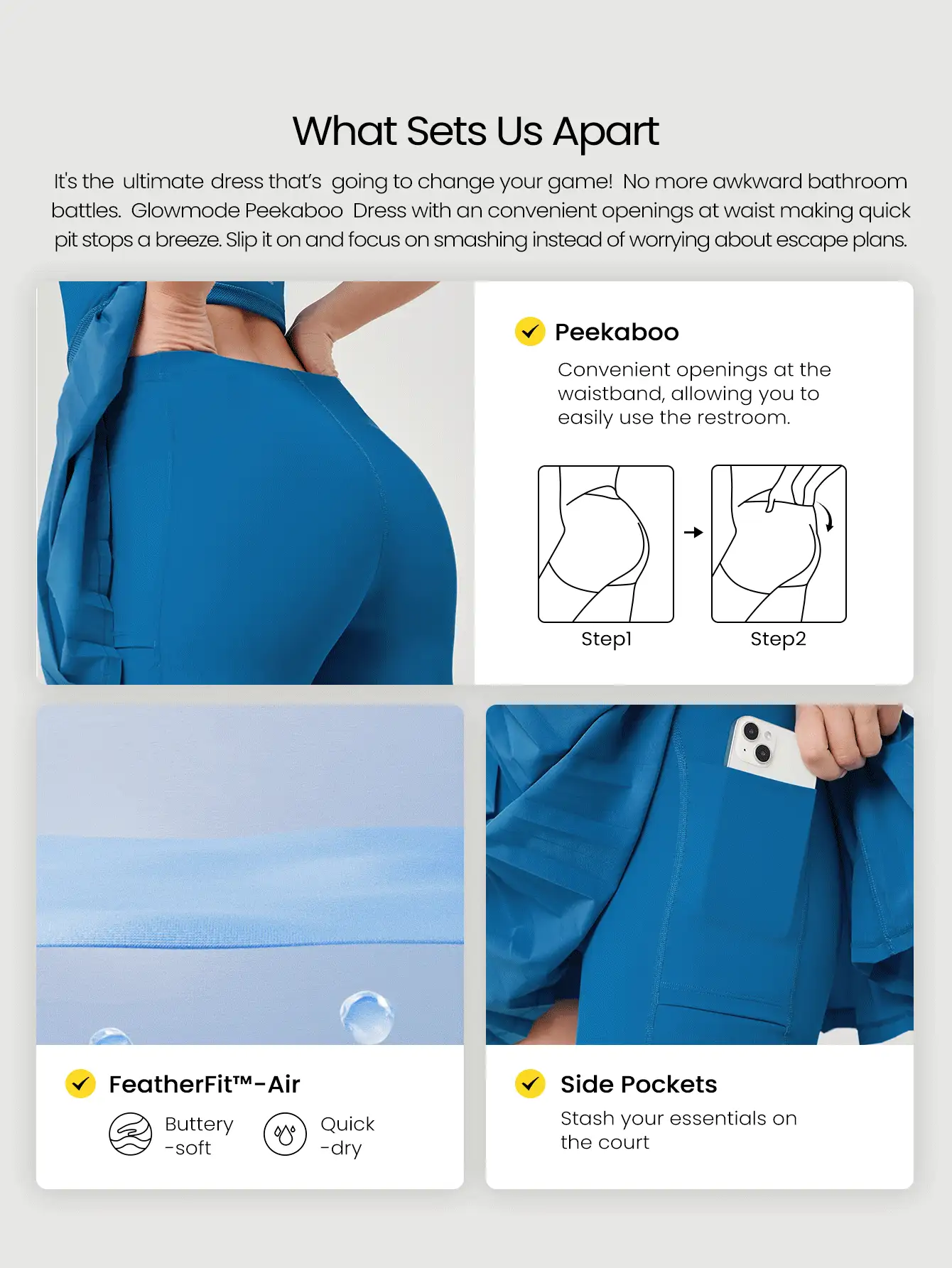 GLOWMODE FeatherFit™-Air 速干网球内置罩杯褶皱露肩弹力腰带连衣裙内置短裤侧袋低冲击跑步训练健身健身房 - Blue Power - 查看 2