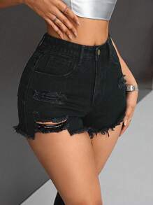 SHEIN PETITE Women's Solid Color Fashion Denim Shorts, Suitable For Summer - Black - View 5