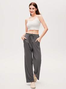 LUVLETTE Autumn And Winter Soft 100% Pure Cotton Wide Fit Women Lounge Bottom Airy Pajama Pants Pajama Style Trousers Pants With Pockets Lingerie As Outerwear Fall Pajamas - Dark Grey - View 7