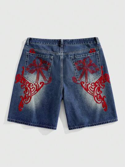 Grunge Punk Men's Cross Embroidered Pockets Casual Versatile Denim Shorts