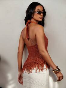 COSMINA Women Solid Color Backless Fringe Hem Knit Camisole Top