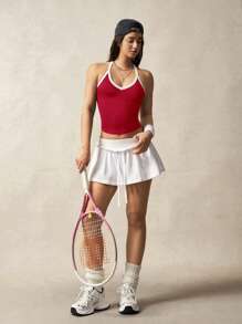 VARSIVA Contrast Trim V-Neck Tight Fit Racerback Sports Tank Top, Summer - Red and White - View 6