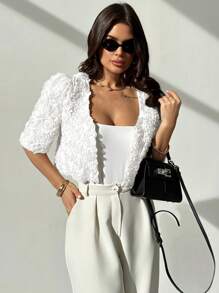 Firerie Chaqueta corta de manga corta, ligera y con textura de rosa 3D, elegante, minimalista, romántica y sofisticada para mujer, ideal para citas, ir al trabajo y vacaciones en otoño/invierno