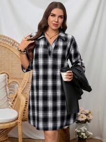 Comfylo Plus Size Plaid Dress, Fashion, Suitable For Summer Fall - Black and White - View 6