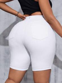 SHEIN Tall CURVE 大尺碼女款白色丹寧彈性緊身短褲，絲滑休閒時尚，適合夏季度假、登山、西式辦公室度假風、優雅畢業派對 - 白色 - 查看 2