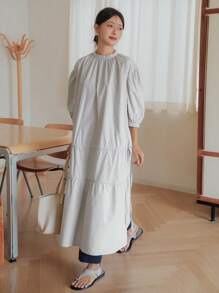 Dazy-Less Abito estivo casual da donna, dritto, in tessuto a blocchi di colore, con colletto alto, coulisse con lacci in vita, lunghezza midi