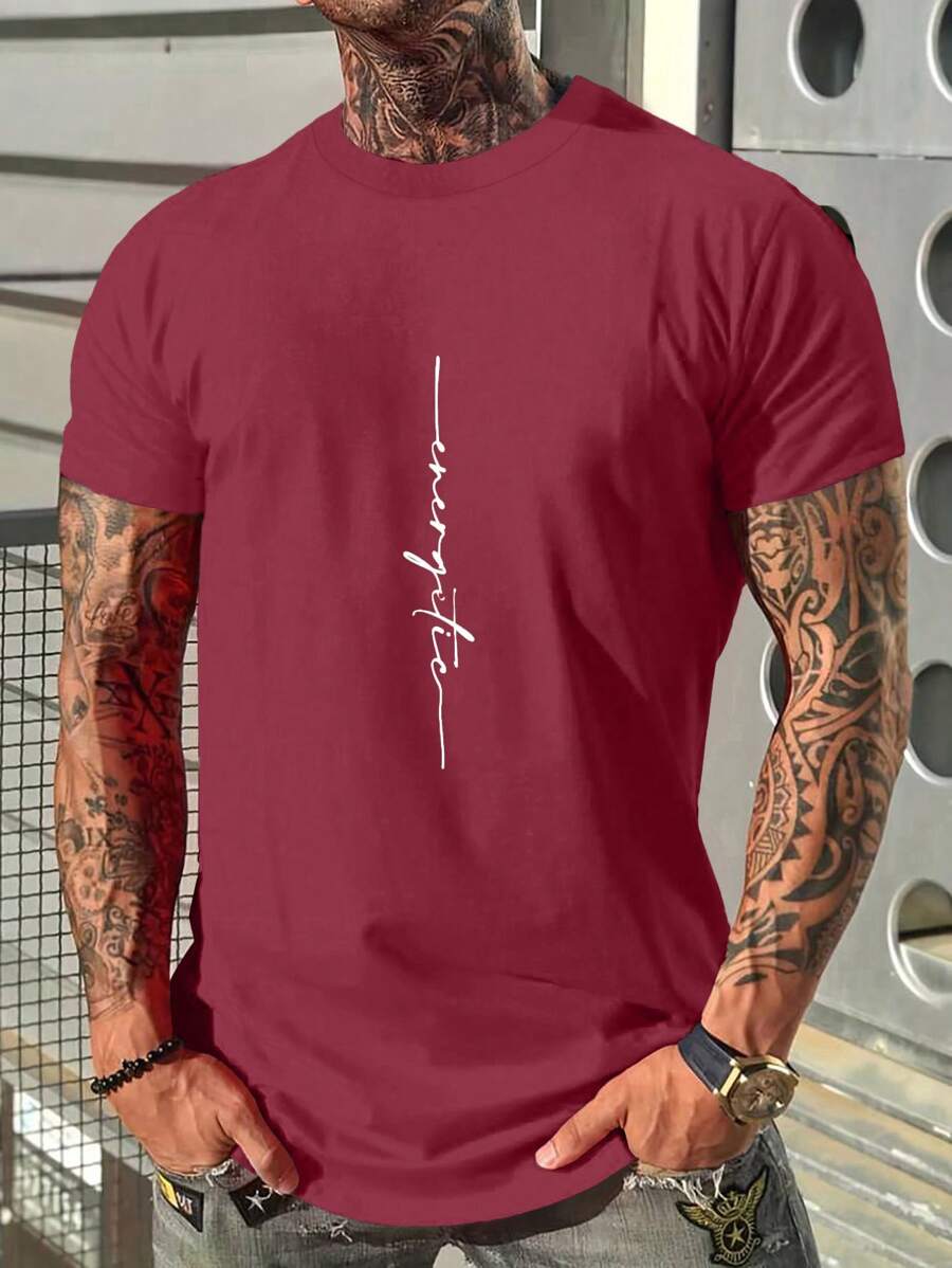 RueChic Men's Letter Print Round Neck Short Sleeve Casual Versatile T-Shirt - Burgundy - View 1