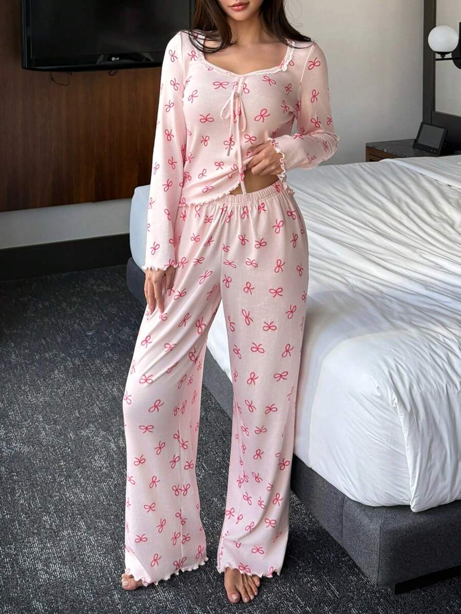 DAZY Conjunto de pijama con estampado de lazo, volantes y dobladillo ondulado, de encaje y parches, ropa de otoño e invierno - Rosa Pálido - Ver 1
