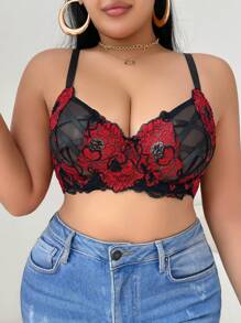 Conjunto de lencería con sujetador inalámbrico y sujetador de encaje floral delicado con diseño de cruce, talla grande