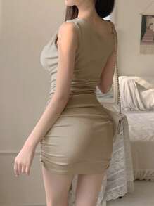 DAZY Women Solid Color Ruched Sleeveless Wrap Mini Dress,Back To School Clothes
