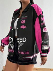 POPSWAY Plus Size Women's Pink Stylish Letter Print Patchwork Drop Shoulder Long Sleeve Jacket Winter Fall Autumn - Hot Pink - View 6