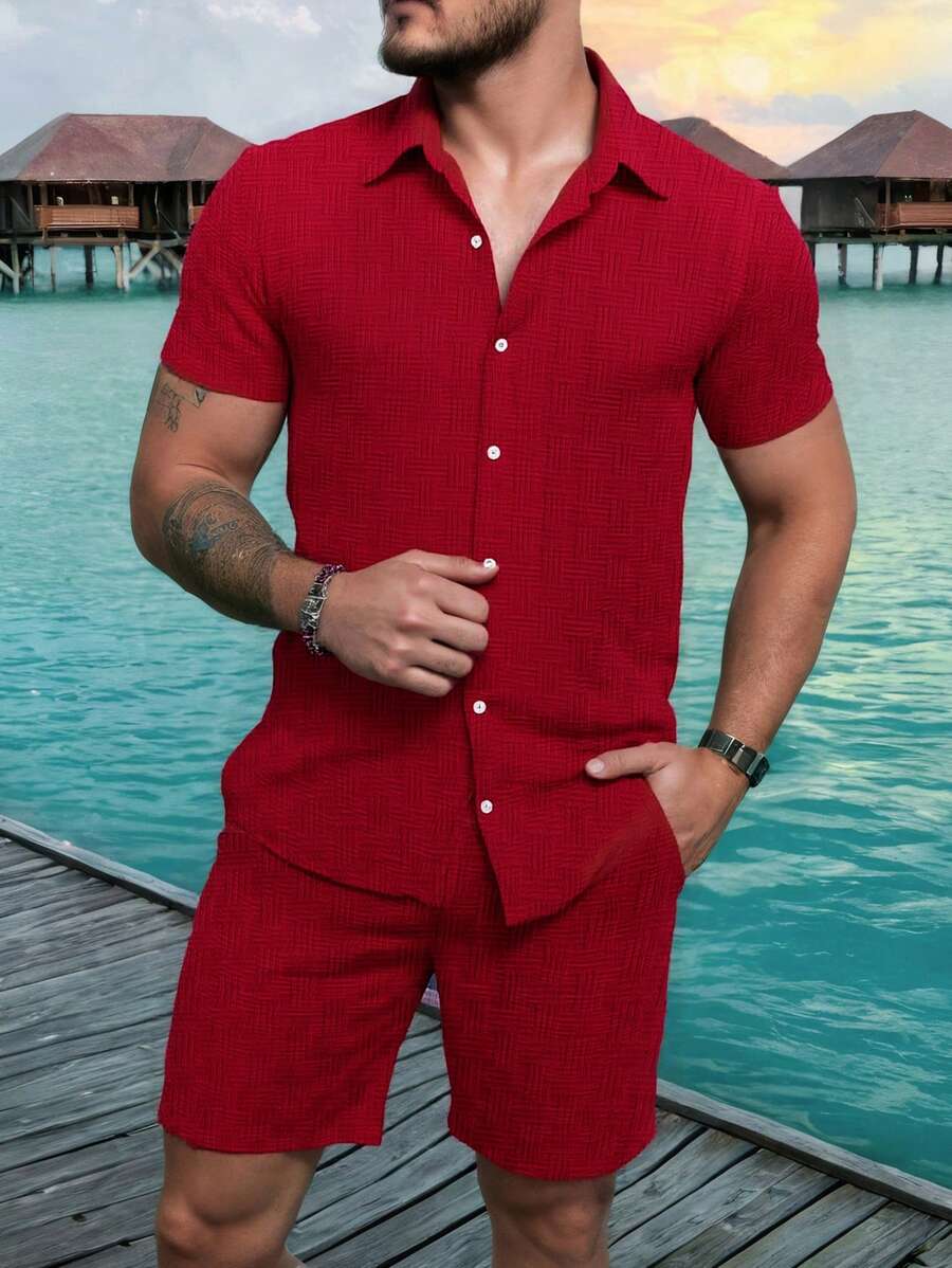 Manfinity RSRT 2pcs Men's Solid Front Button Short Sleeve Shirt And Pocket Shorts Set Men Clothes Men Shirt Co Ords Men Summer Outfits Men Shirt Co Ords Vacation Outfits Vacation Outfits For Men - Red - View 1
