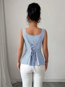 Elenzga Nouvelle blouse élégante et vintage bleu marine avec taille serrée, col carré et sans manches, Collection Printemps/Été 2025 - Bleu ciel - Voir 2