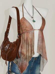 SHEIN ICON Damen Urlaubs Sexy Mesh Glockenärmel Neckholder Top Boho Abschluss Ostern Festival Flughafen, Rave Top, durchsichtiges Top