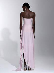 SHEIN Belle Elegant, Romantic, Sexy Pink Knitted Satin Strapless Ruched Bodycon Dress With Ruffle Trim And High Slit, Suitable For Dates, Parties, Bridesmaid