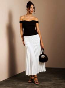 Glamine Women Elegant Off-Shoulder Top & Pleated Skirt Set
