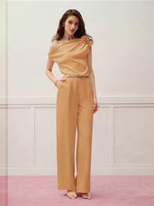 MOTF PREMIUM Asymmetrischer Blumen-Stereo-Necktop und Bügelfalten-Hose